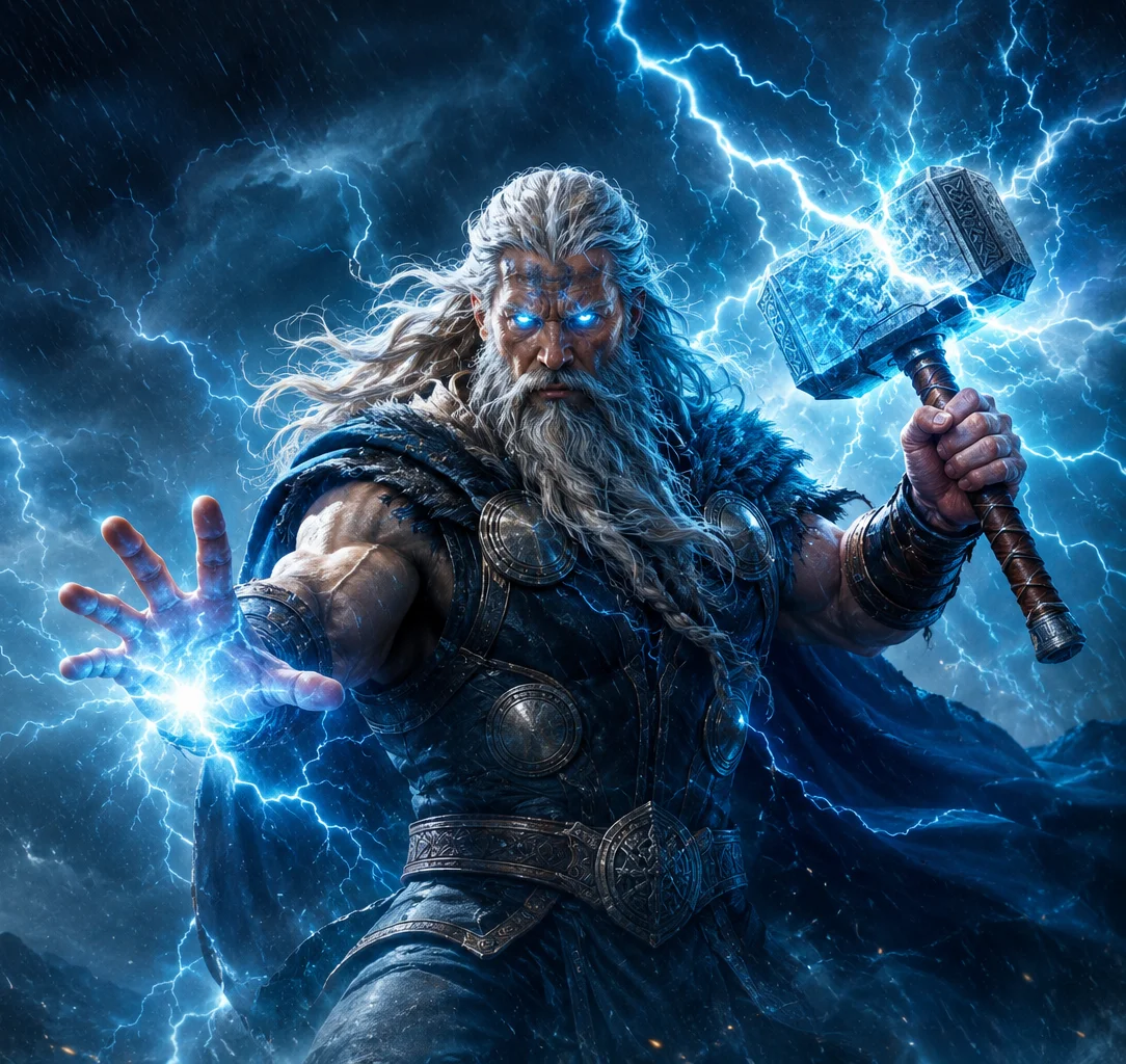 Norse thunder warrior standing beside the glowing entrance to ThorFortune Casino