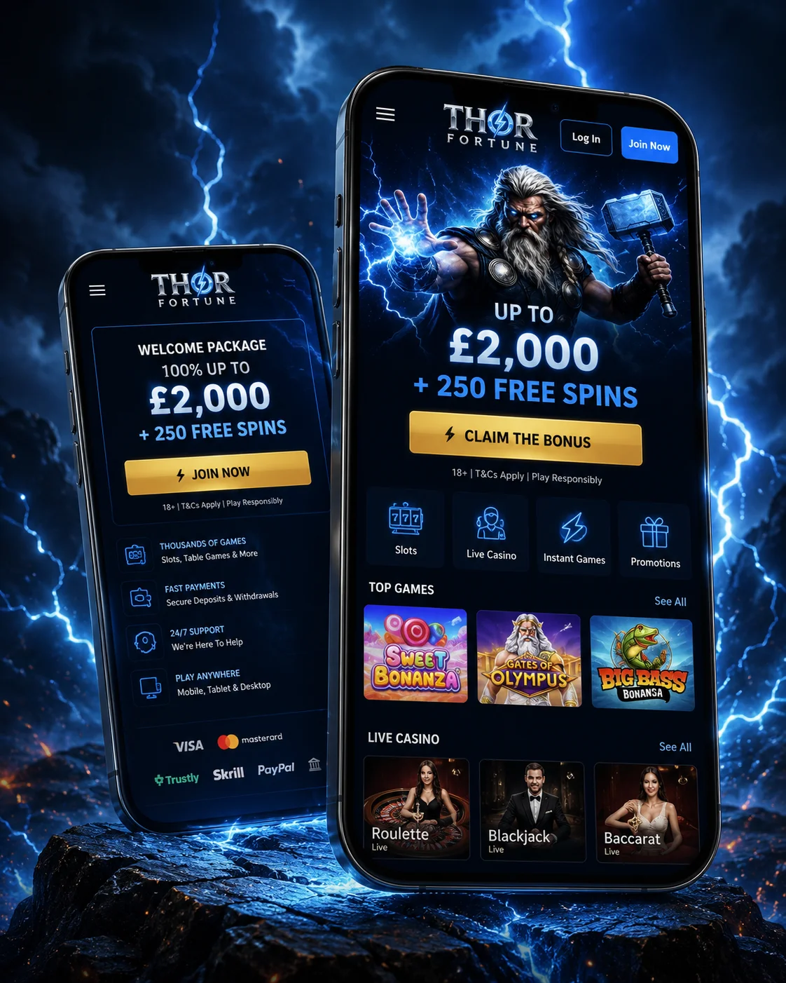 ThorFortune mobile casino lobby with blue lightning and golden Norse details